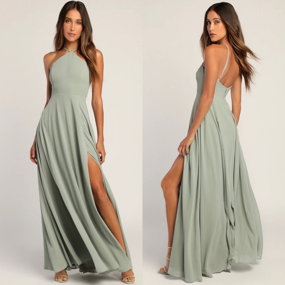 Lulu's Sage Green Halter Maxi Dress with Side Slit